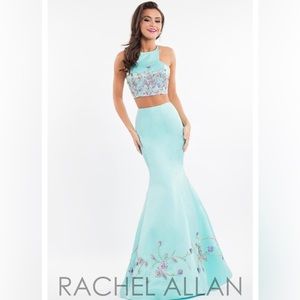 Rachel Allen Size 6 Turquoise two-piece floral prom dress